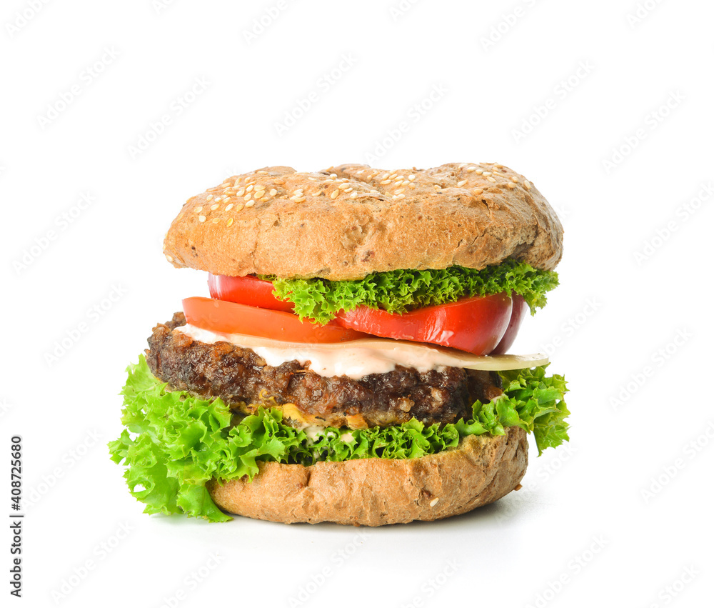 Tasty fresh burger on white background Tasty fresh burger on white background