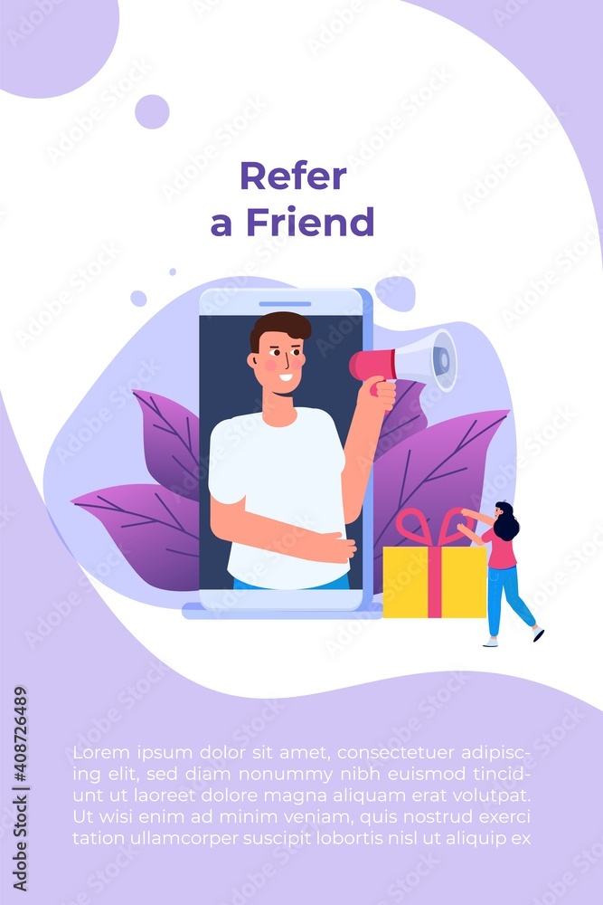 Obraz premium Offers referral gifts, online reward, digital referral program concept. Gift box vector illustration.