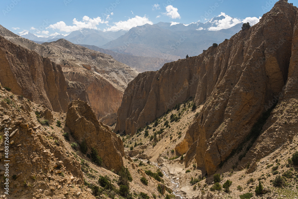 Beautiful canyon and mountains landscape in Upper Mustang trekking route, Himalaya mountains range in Nepal