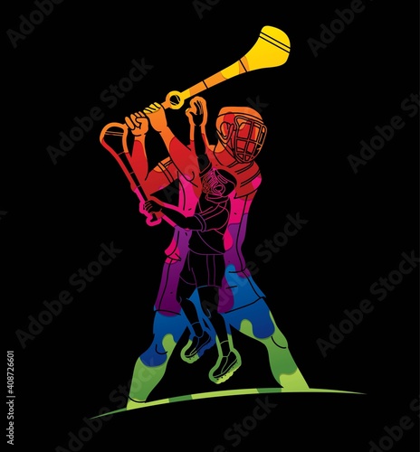 Group of Hurling Sport Players Action. Irish Hurley Sport Cartoon Graphic Vector.