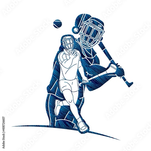 Group of Hurling Sport Players Action. Irish Hurley Sport Cartoon Graphic Vector.