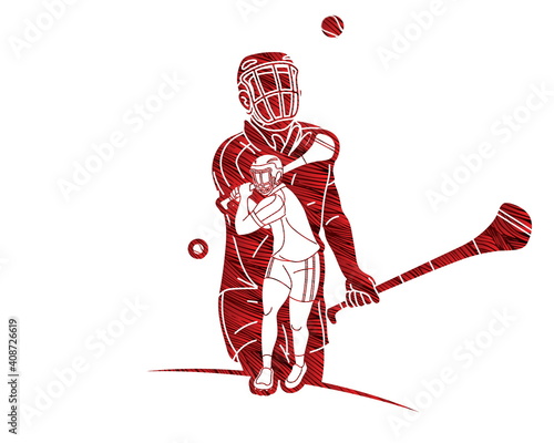 Group of Hurling Sport Players Action. Irish Hurley Sport Cartoon Graphic Vector.