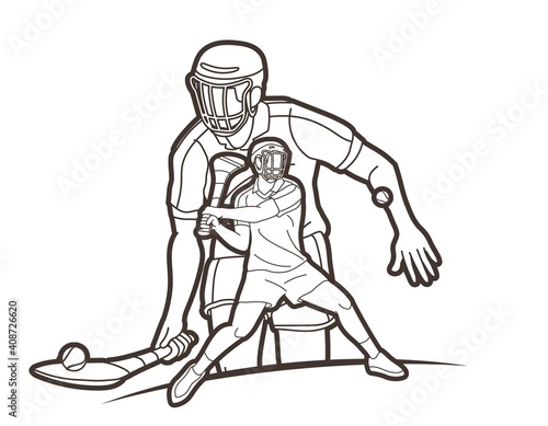 Group of Hurling Sport Players Action. Irish Hurley Sport Cartoon Graphic Vector.