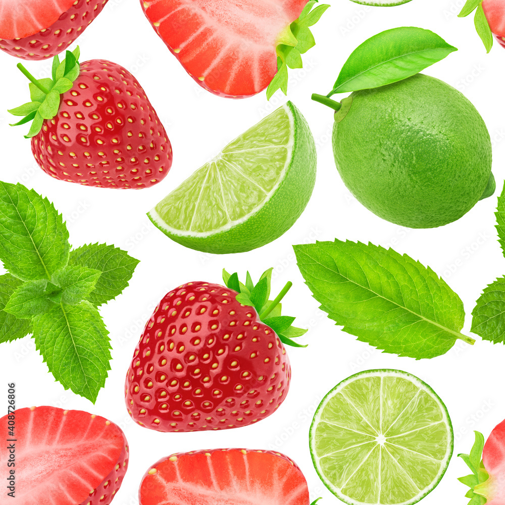 Multicolored endless pattern made with raspberry and lime isolated on white background. Multicolored endless pattern made with raspberry and lime isolated on white background.