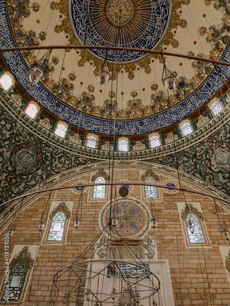 Religious architecture, mosque dome and art. Pencil decorations in historical Turkey Edirne Mosques.