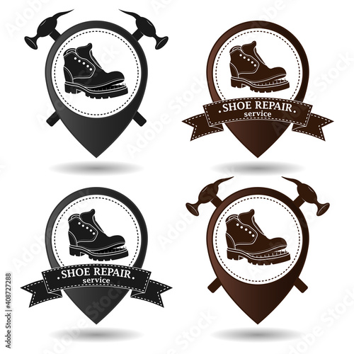 Shoe repair service. Vector image of logo. Trendy concept in old retro style. Geolocation sign