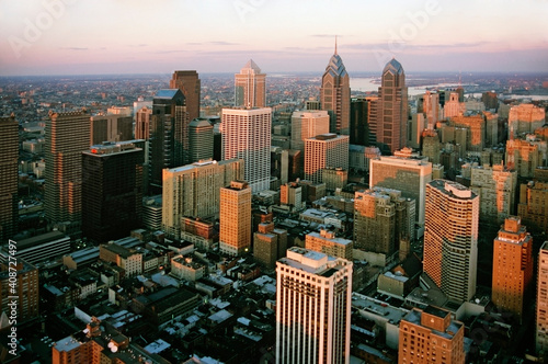 Aerial view of a cityscape with a river in the background, Liberty Place, Delaware River, Philadelphia, Pennsylvania, USA photo