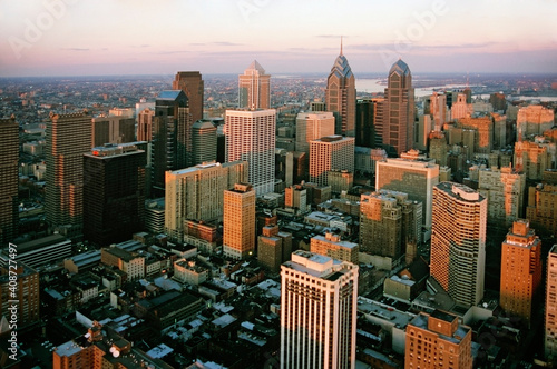 Aerial view of a cityscape with a river in the background, Liberty Place, Delaware River, Philadelphia, Pennsylvania, USA
