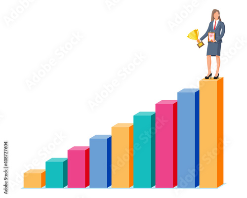 Successful businesswoman holding trophy and showing award certificate, celebrates victory. Business success, triumph, goal or achievement. Winning of competition. Vector illustration flat style