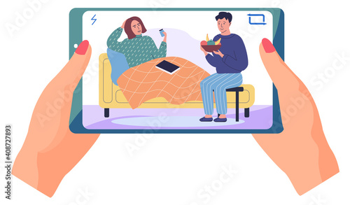 Girl holding phone with photo of treatment process. Guy gives fresh fruit to sick girlfriend. Woman wrapped in blanket sitting on couch and taking medicine. Prevention of spread of covid-19