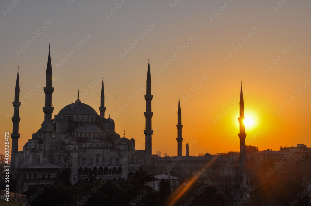 Islamic place of worship, mosque structure.
Istanbul Hagia Sophia Mosque in Turkey. Mosque silhouette and sunset.