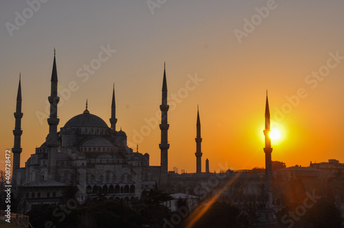 Islamic place of worship, mosque structure.
Istanbul Hagia Sophia Mosque in Turkey. Mosque silhouette and sunset.
