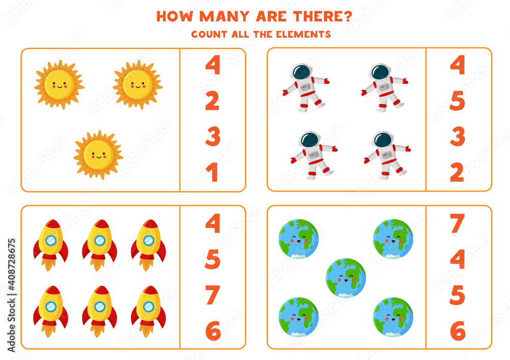 Counting game with cute cartoon Sun, astronaut, rocket and earth. Math worksheet.