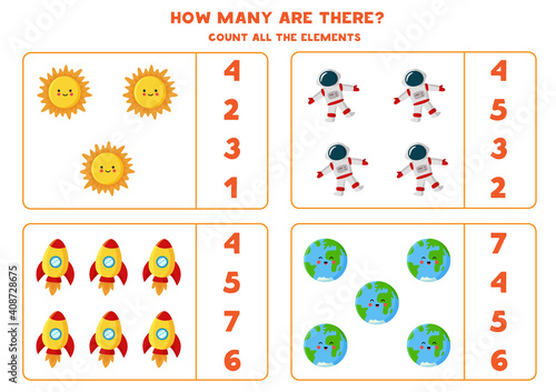 Counting game with cute cartoon Sun, astronaut, rocket and earth. Math worksheet.