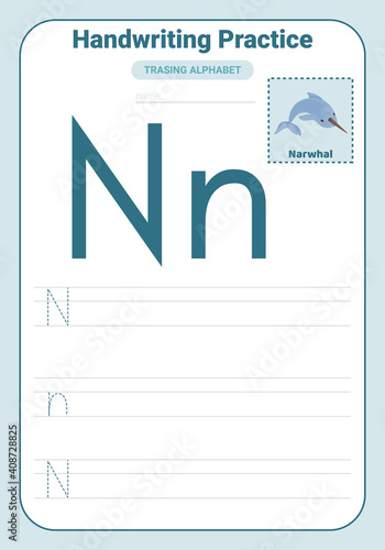 Alphabet tracing practice Letter N. Tracing practice worksheet. Learning alphabet activity page.