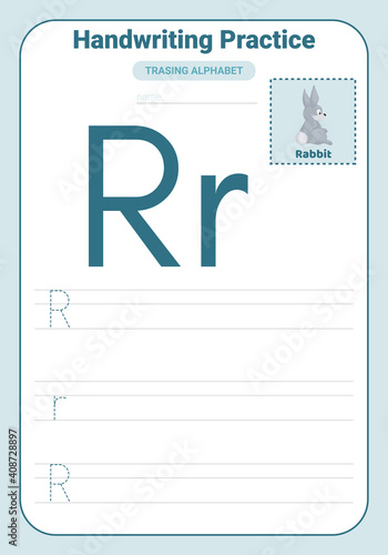 Alphabet tracing practice Letter R. Tracing practice worksheet. Learning alphabet activity page.