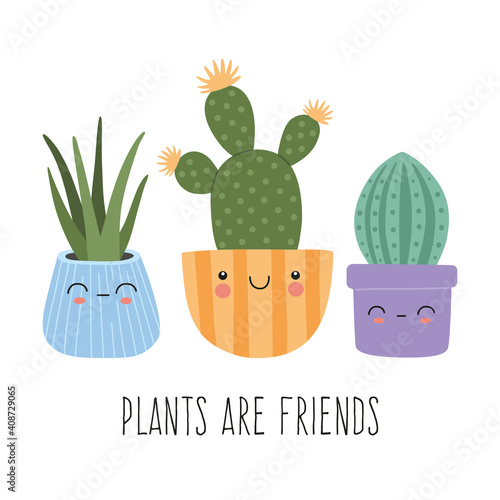 Set of cute succulents with smiling funny faces, exotic cactus home plants in pots collection. Hand drawn vector illustrations in modern trendy cartoon style, template  isolated on white background