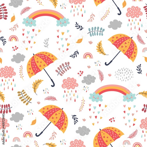 Seamless autumn pattern with umbrellas, clouds with rain and rainbows. Bright repeated texture for fall season. Wrapping paper. Autumn background with leaves, rain drops, clouds
