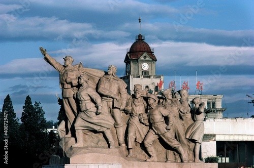 Statues of Beijing Monument To The People's Heroes with Chairman Mao Zedong Memorial Hall in the background, Tiananmen Square, Beijing, China