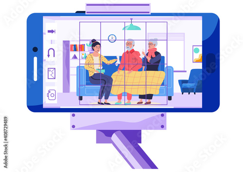 Mobile phone with photo of sick people on self-isolation. Woman helping elderly couple to heal. Effective self care and protection of health. Girl giving napkin to sick people vector illustration