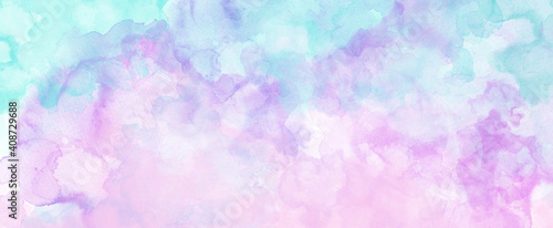 Blue pink and purple watercolor paint splash or blotch background, blotches and blobs of paint and old vintage watercolor paper texture grain