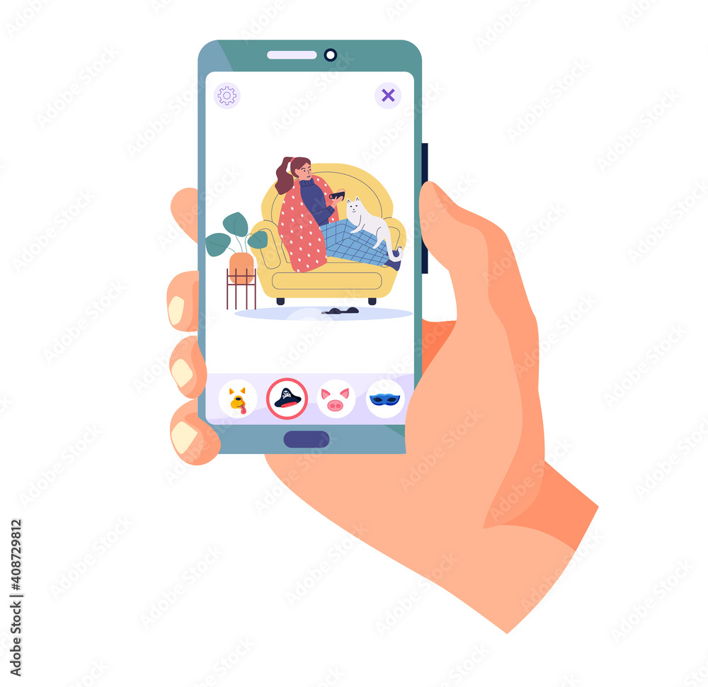 Guy holding phone with photo of treatment process. Sick girl take  medication on self-isolation. Female character wrapped in blanket drinking  tea and stroking cat. Prevention of spread of cold Stock Vector |