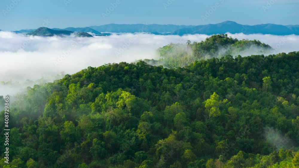 Time lapse video 4k, Aerial view Beautiful of morning scenery Golden light sunrise And the mist flows on high mountains Time lapse video 4k, Aerial view Beautiful of morning scenery Golden light sunrise And the mist flows on high mountains