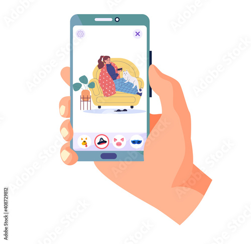 Guy holding phone with photo of treatment process. Sick girl take medication on self-isolation. Female character wrapped in blanket drinking tea and stroking cat. Prevention of spread of cold