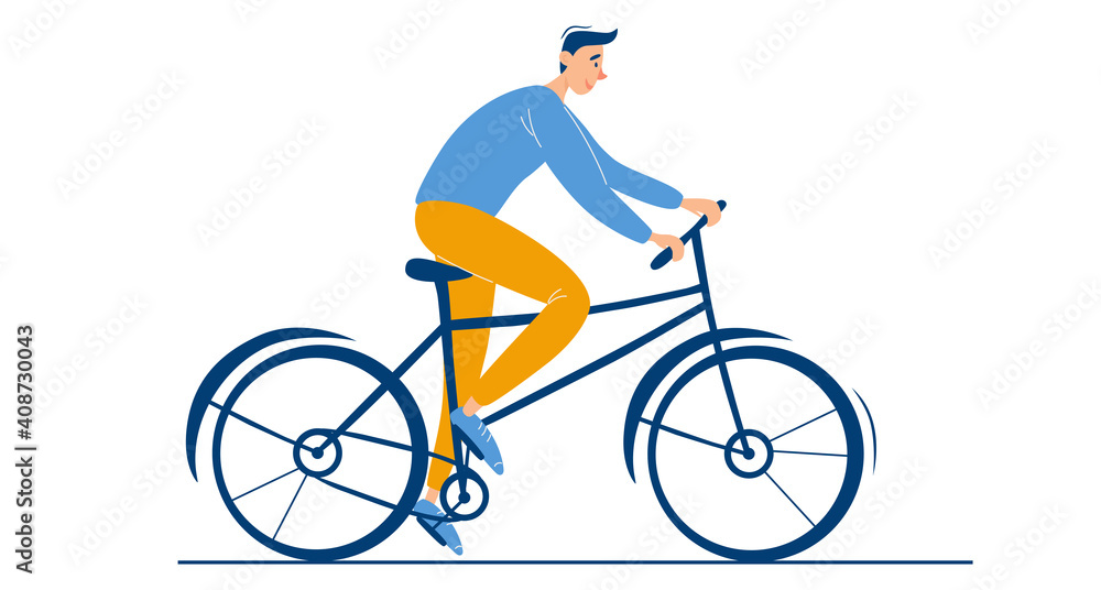 Young happy guy rides a bike. Male character alone. Summer or spring biking activity outdoor. Stylish guy on bicycle flat vector illustration on white background.