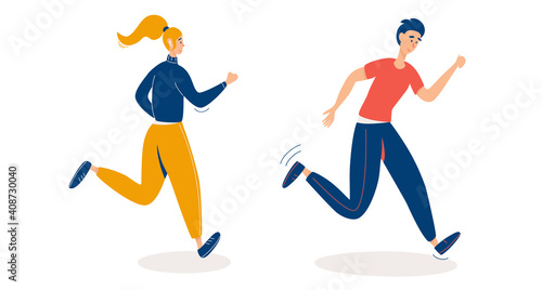 Happy man and woman running together in bright sports clothes. Sport activity, healthy lifestyle. Flat vector cartoon illustration isolated on white.