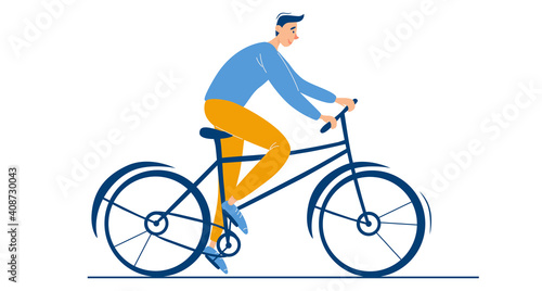 Young happy guy rides a bike. Male character alone. Summer or spring biking activity outdoor. Stylish guy on bicycle flat vector illustration on white background.