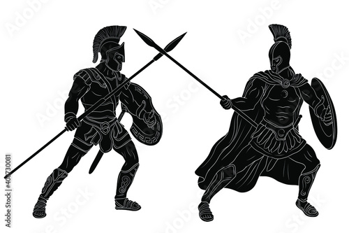 An ancient Greek warrior and a Roman legionnaire in armor and helmets are fighting on spears with shields in their hands. Vector illustration isolated on white background.