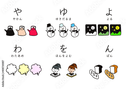 やゆよ（やかん、雪だるま、よる）わをん（わたあめ、本を読む、ぱん）のイラスト