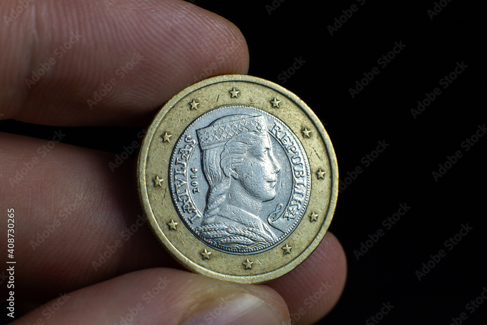 One euro close up photo. Macro coins. One euro close up photo. Macro coins.