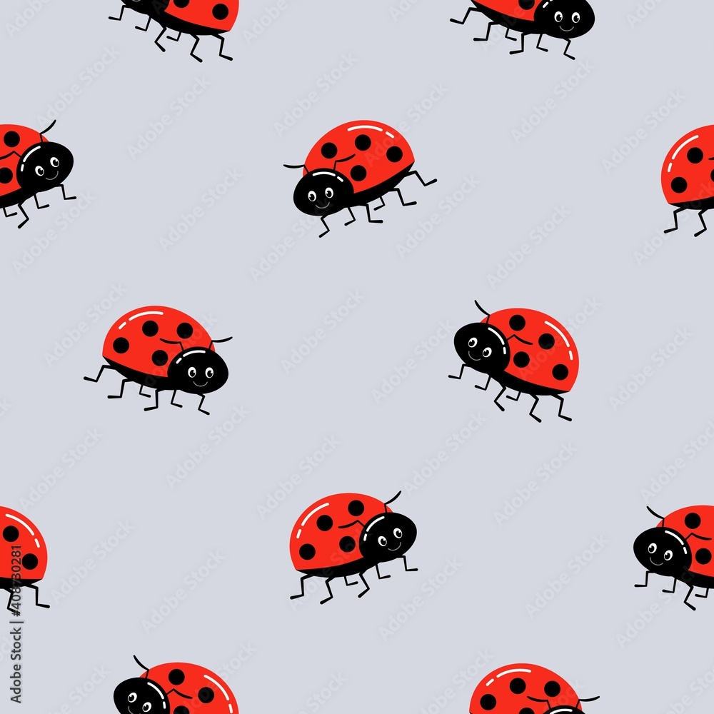 Fototapeta premium Seamless background with ladybug. Vector illustration on gray. Pattern with beetles for tissue, paper, prints and other.