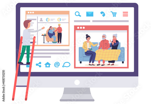 Sick people on self-isolation on computer screen. Man on stepladder looks at monitor with picture of treatment process. Woman giving napkin to elderly relatives. Guy gives pills to girl with headache