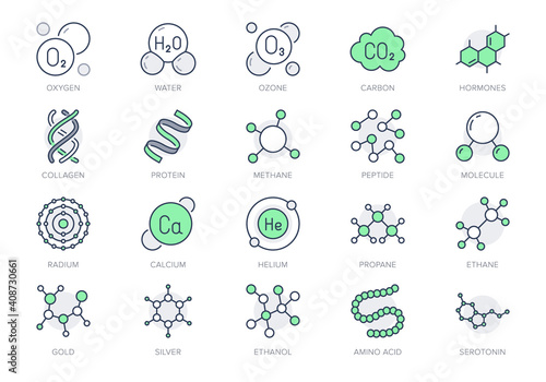 Molecule line icons. Vector illustration included icon amino acid, peptide, hormone, protein, collagen, ozone, O2 chemical formula outline pictogram for chemistry. Green Color Editable Stroke