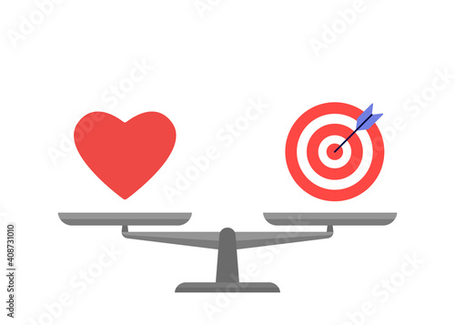 Scales in balance heart and achievement icon. Love and goal sign in comparison, choise. Weights with heart and target. Libra measure value. Vector illustration