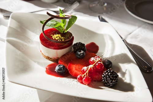 Cheesecake with chocolate and mint garnished with berries served in a plate photo