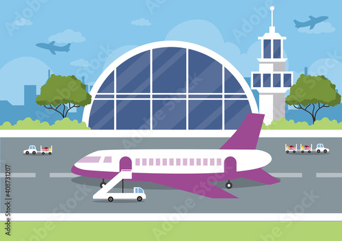 Airport Terminal building with infographic aircraft taking off and Different transport types elements templates Vector illustration