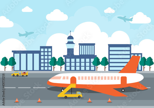 Airport Terminal building with infographic aircraft taking off and Different transport types elements templates Vector illustration