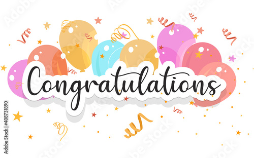 Congratulations banner template with balloons and confetti
