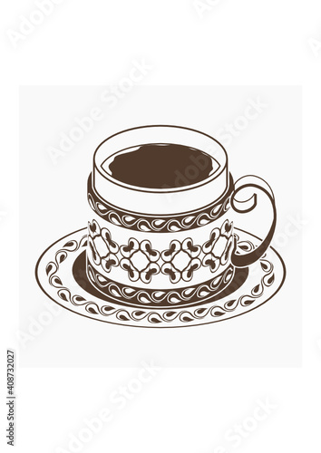 Editable Flat Monochrome Style Isolated Three-Quarter Top View Patterned Turkish Fincan Cup of Coffee on a Saucer Vector Illustration for Cafe and Ottoman Culture Tradition or History Related Design