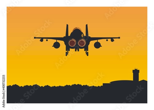 Double tail fighter jet plane flying over the airport