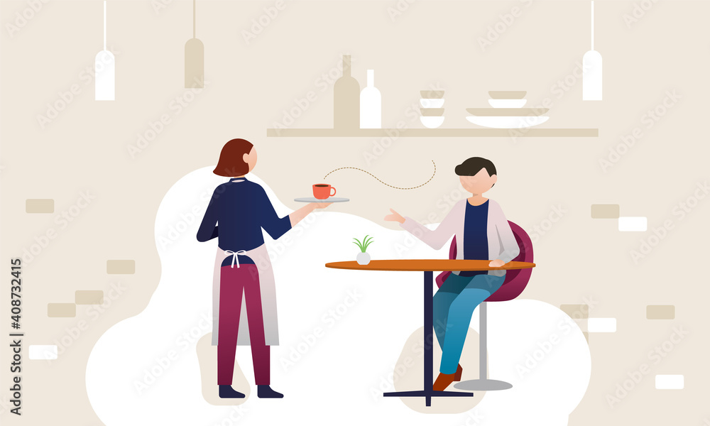 カフェでコーヒーブレイクを楽しむ若い男性,コーヒーを運ぶ女性のカフェ店員 カフェでコーヒーブレイクを楽しむ若い男性,コーヒーを運ぶ女性のカフェ店員