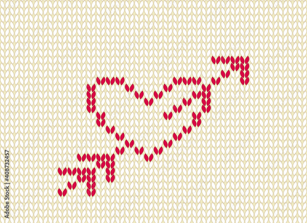 Knitted seamless pattern. Red heart and arrow. Valentine's Day background