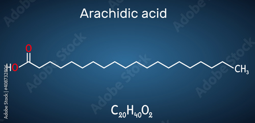Arachidic acid, eicosanoic, icosanoic acid molecule. It is saturated long-chain fatty acid. Structural chemical formula on the dark blue background