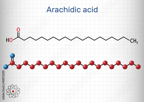 Arachidic acid, eicosanoic, icosanoic acid molecule. It is saturated long-chain fatty acid. Sheet of paper in a cage
