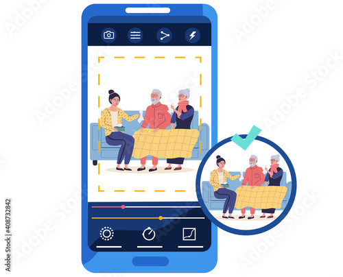 Taking pictures of coronavirus treatment process. Photo of woman giving napkin to sick elderly people on screen. Coronavirus pandemic and quarantine concept. Covid-19 treatment and prevention