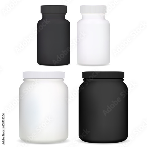 Supplement bottle. Plastic vitamin pill jar 3d vector blank. Isolated medicine container in black and white for tablet, capsule, pharmaceutical product design. Whey protein powder sport pack